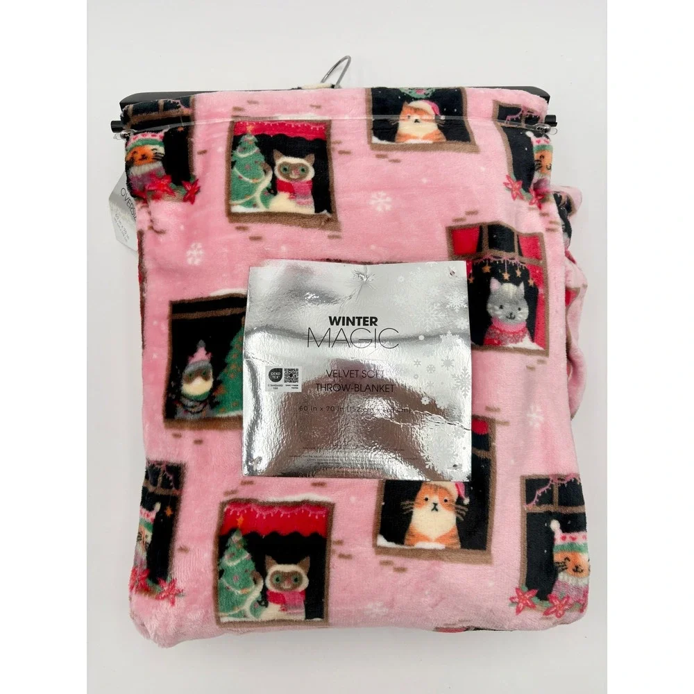 Winter Magic Throw Blanket Velvet Soft Pink Christmas Holiday Cats Windows‎